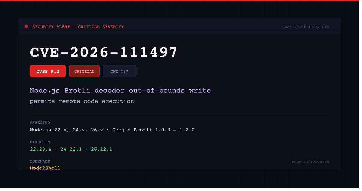 CVE-2026-111497: Node.js Brotli Decoder RCE — Node2Shell Explained