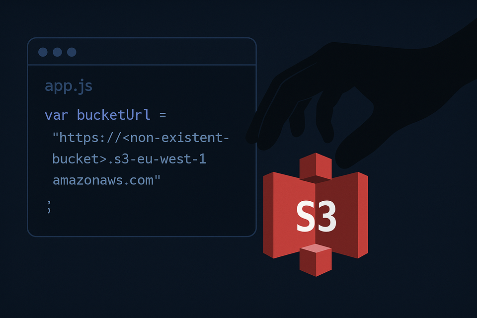 Dark-themed illustration showing JavaScript code with exposed S3 bucket URL and a hand symbolizing S3 bucket takeover vulnerability — highlighting cloud security risks in frontend JS files.